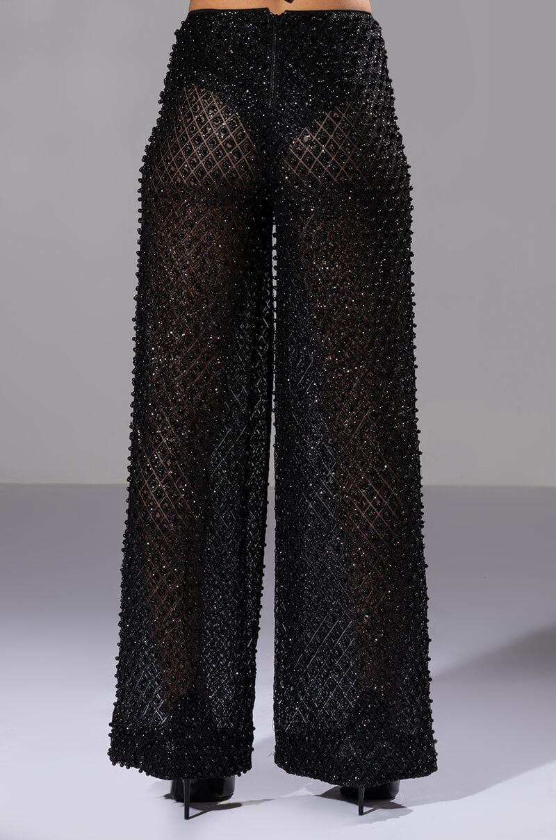 SEXY VILLAIN SHEER WIDE LEG GLITTER DETAIL PANTS