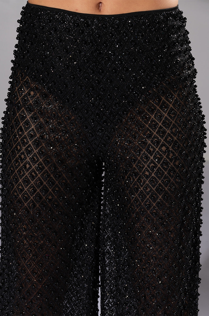 SEXY VILLAIN SHEER WIDE LEG GLITTER DETAIL PANTS