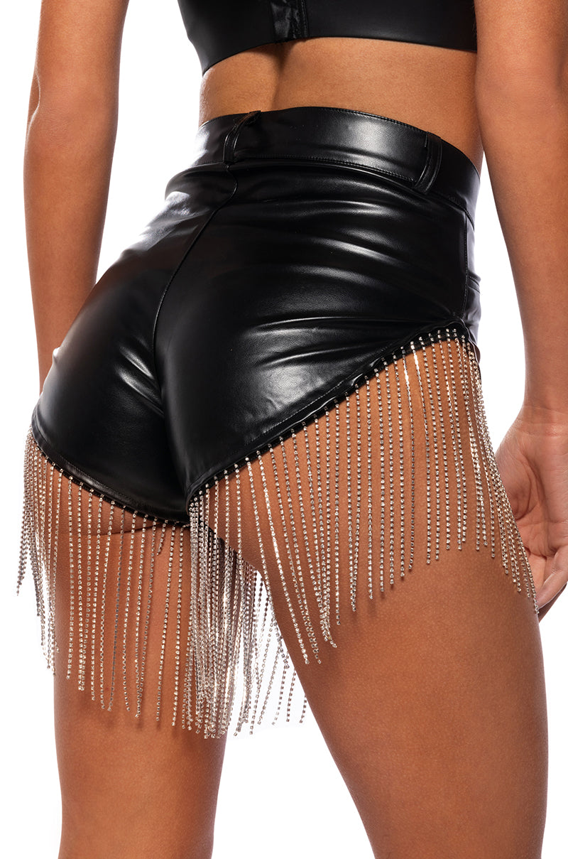 SHAKE A TAIL FEATHER RHINESTONE FRINGE SHORTS