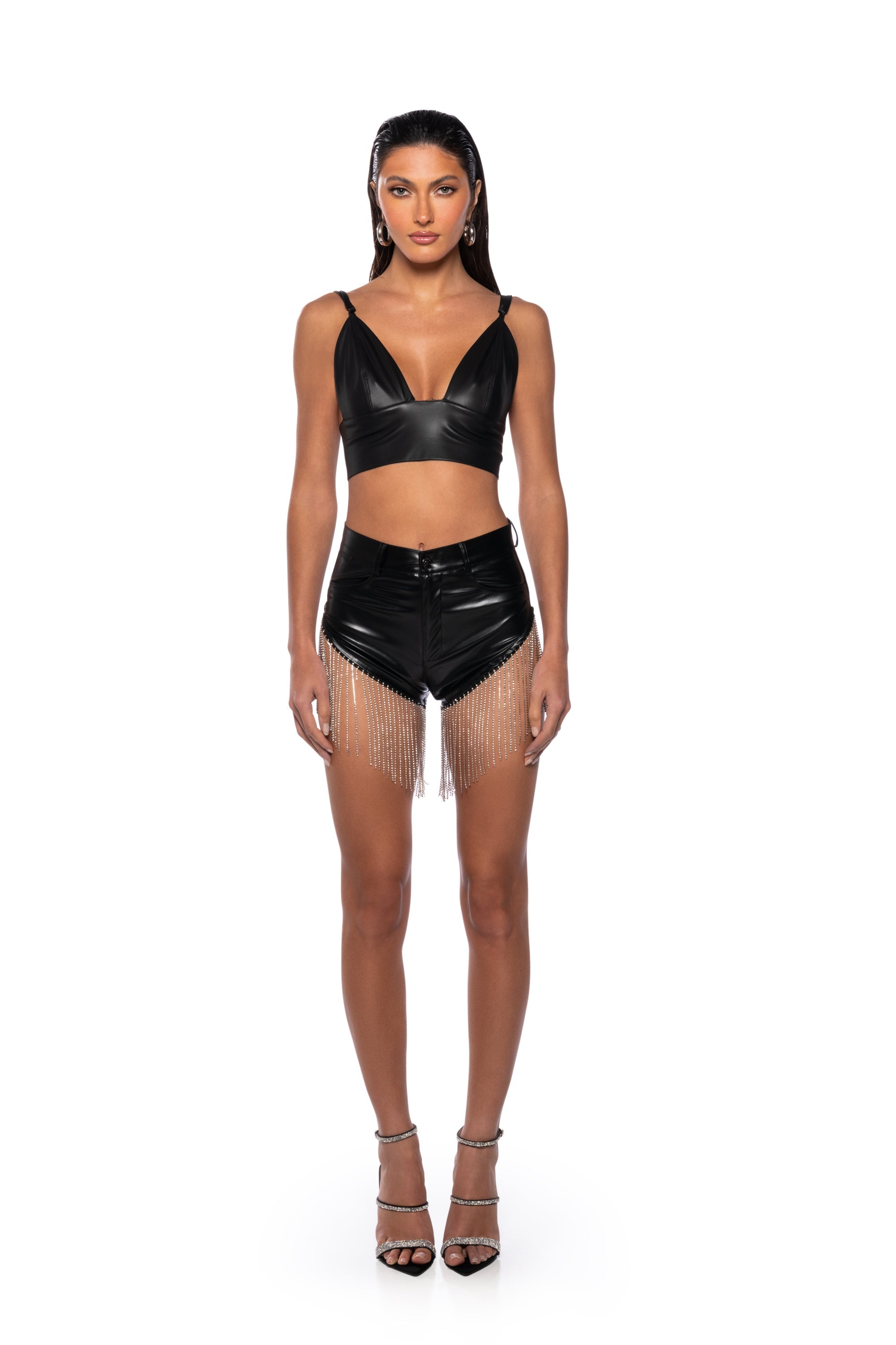 SHAKE A TAIL FEATHER RHINESTONE FRINGE SHORTS
