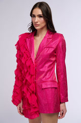 SHAKE IT HALF AND HALF RHINESTONE RUFFLE PARTY BLAZER