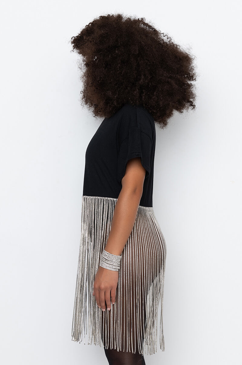 SHAKE IT OFF T SHIRT WITH RHINESTONE FRINGE