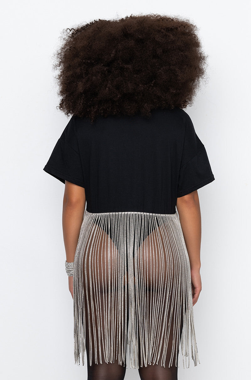 SHAKE IT OFF T SHIRT WITH RHINESTONE FRINGE
