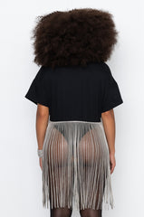 SHAKE IT OFF T SHIRT WITH RHINESTONE FRINGE