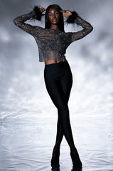 SHEER FEATHER DETAILED RHINESTONE TOP