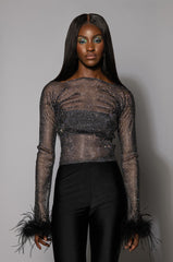 SHEER FEATHER DETAILED RHINESTONE TOP