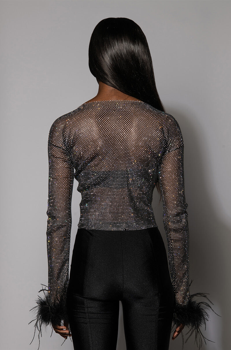 SHEER FEATHER DETAILED RHINESTONE TOP