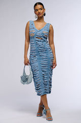 SHE'S GOT IT SHREDDED DENIM MIDI DRESS
