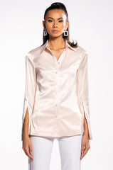 SHINE ON EMBELLISHED SATIN BUTTON DOWN BLOUSE