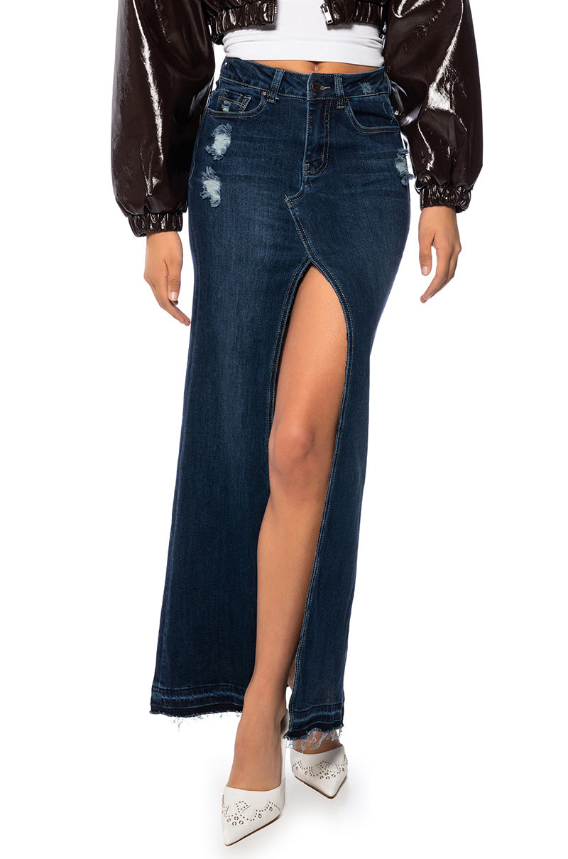 SHOW IT OFF FRONT SLIT DENIM MAXI SKIRT