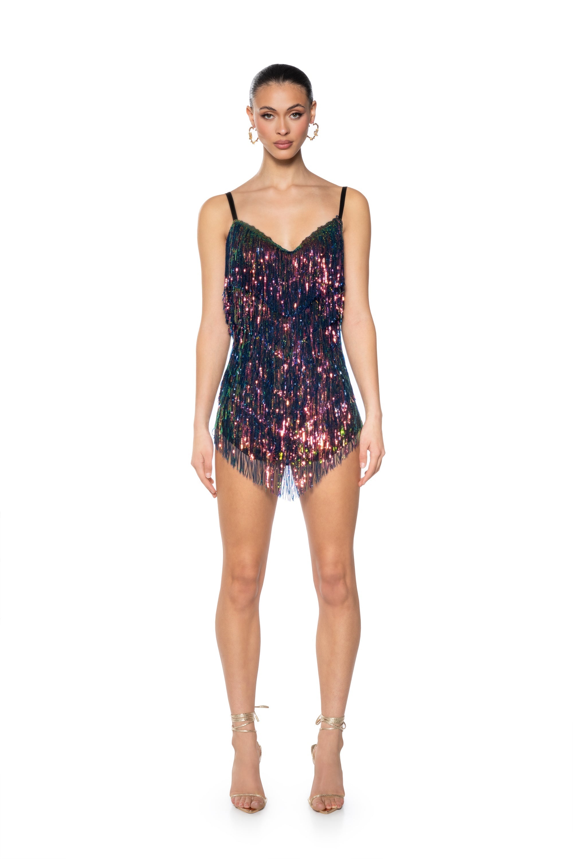 SHOW UP SEQUIN FRINGE MINI DRESS IN BLACK MULTI