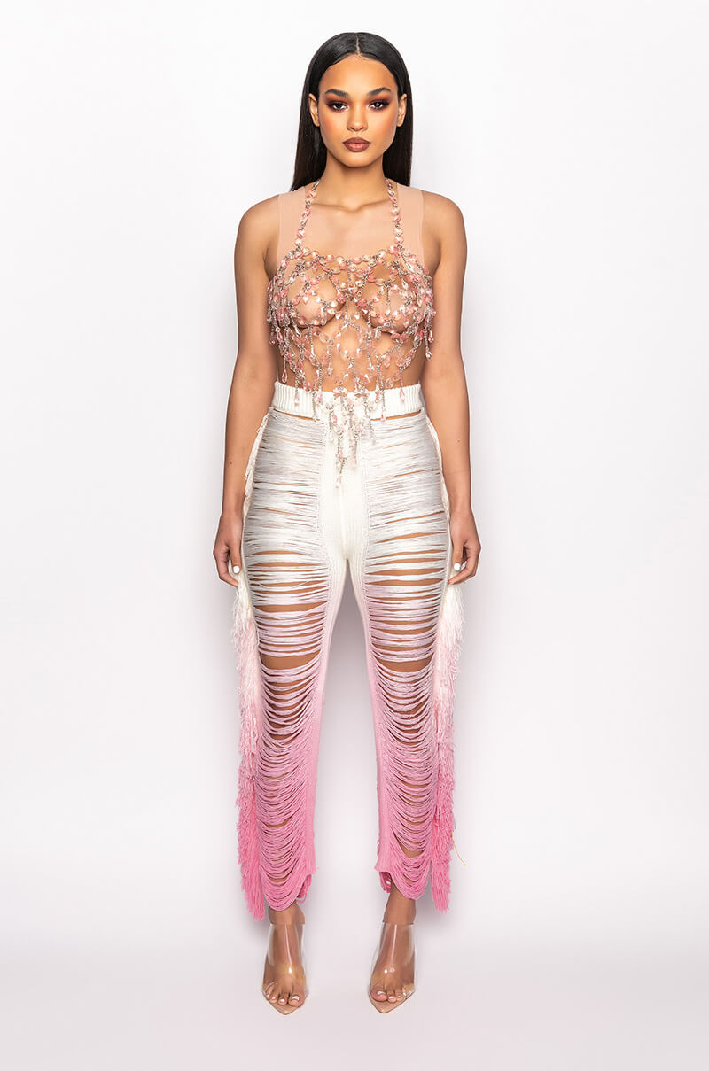 SHREDDED HIGH WAIST KNIT PANTS
