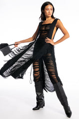 SHREDDED SLEEVELESS LONG KNIT SWEATER