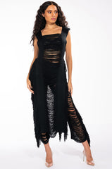 SHREDDED SLEEVELESS LONG KNIT SWEATER