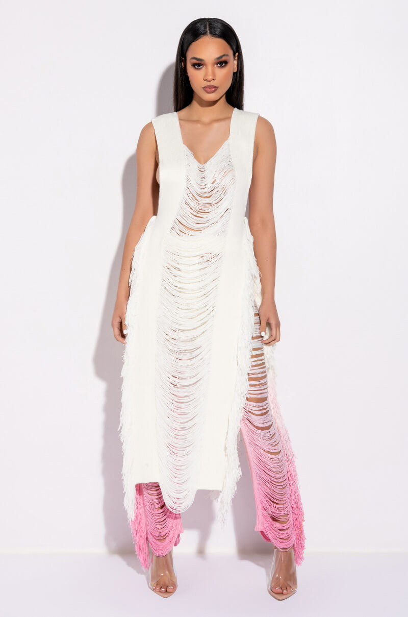 SHREDDED SLEEVELESS LONG KNIT SWEATER