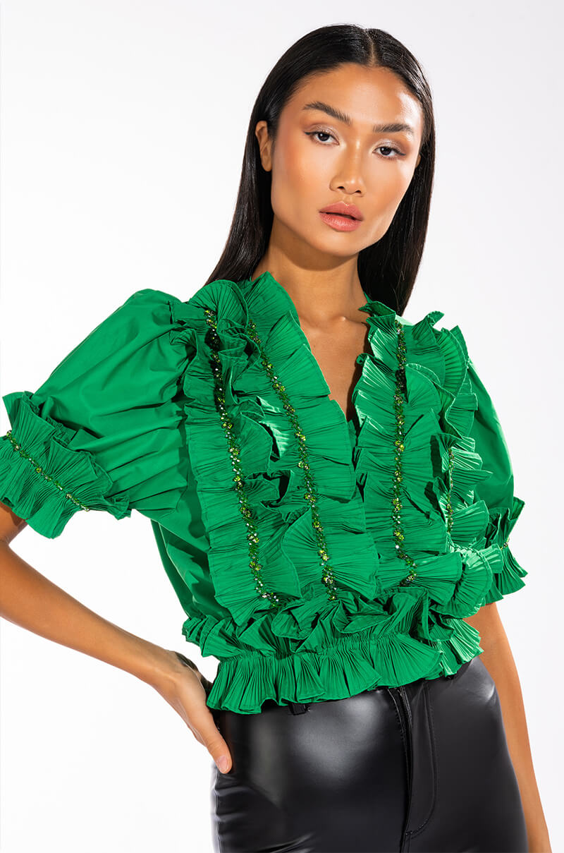 RUFFLED SHORT SLEEVE TIE FRONT BLOUSE