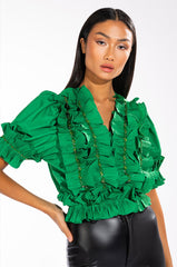 RUFFLED SHORT SLEEVE TIE FRONT BLOUSE
