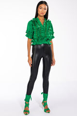 RUFFLED SHORT SLEEVE TIE FRONT BLOUSE
