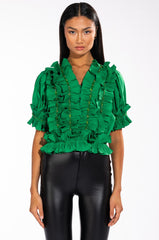RUFFLED SHORT SLEEVE TIE FRONT BLOUSE
