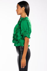 RUFFLED SHORT SLEEVE TIE FRONT BLOUSE