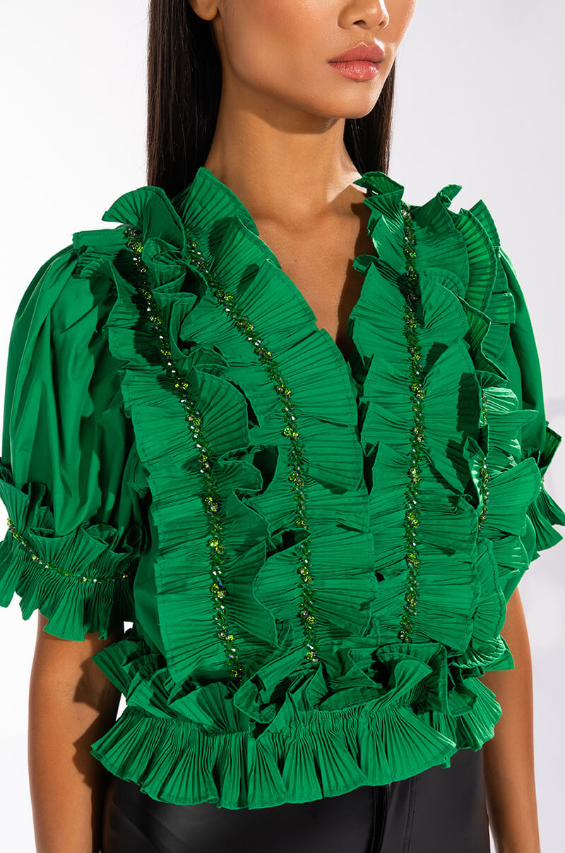 RUFFLED SHORT SLEEVE TIE FRONT BLOUSE