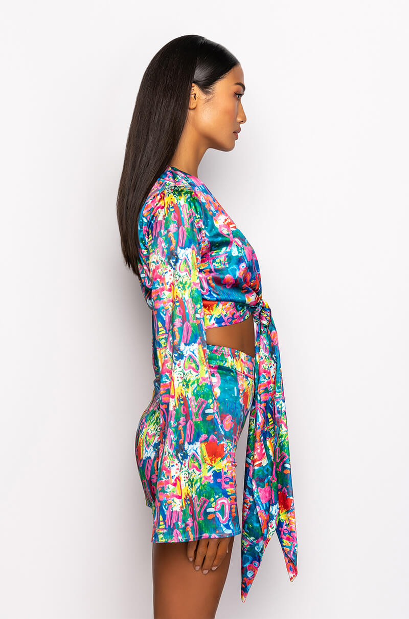 SKYART X AKIRA SATIN TIE FRONT BLOUSE