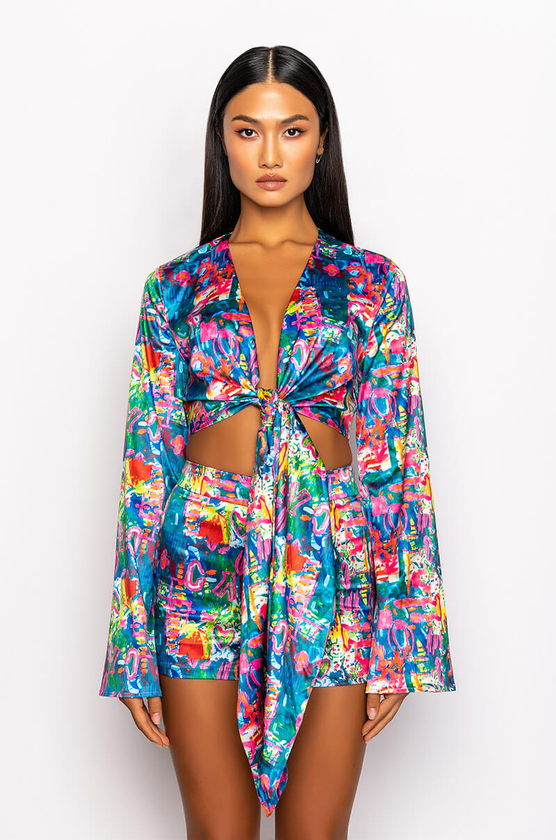 SKYART X AKIRA SATIN TIE FRONT BLOUSE