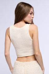 SLAY SLEEVELESS SHREDDED KNIT CROP TOP IN IVORY