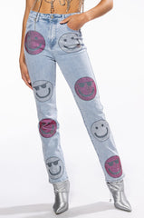 SMILEY FACES RHINESTONE HIGH RISE STRAIGHT JEANS