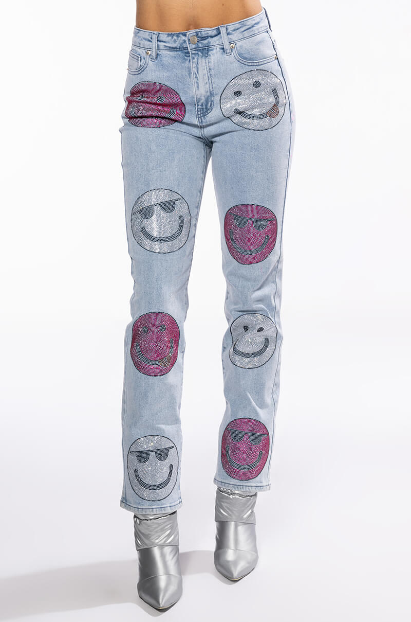 SMILEY FACES RHINESTONE HIGH RISE STRAIGHT JEANS