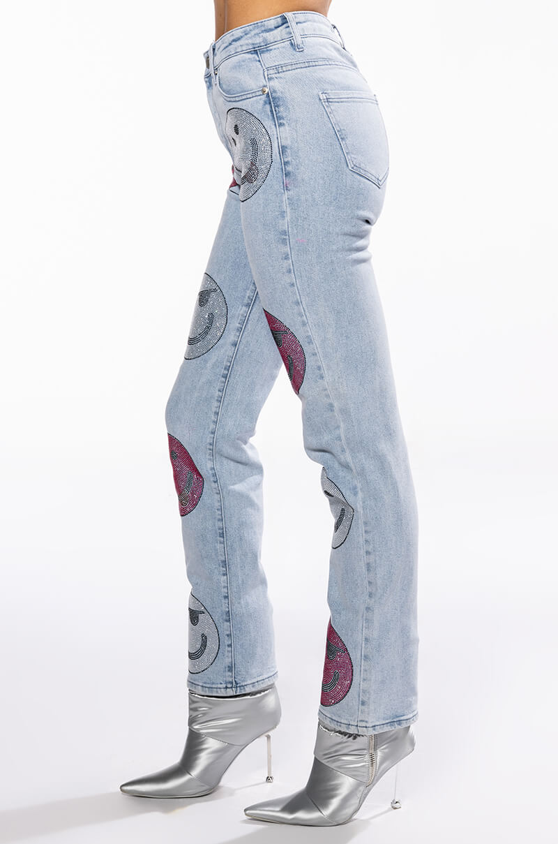 SMILEY FACES RHINESTONE HIGH RISE STRAIGHT JEANS