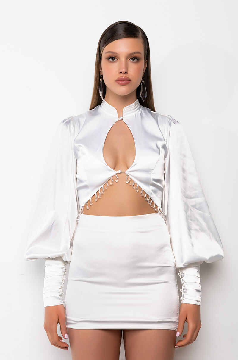 SNEAKY LINK BEADED SATIN CROP BLOUSE