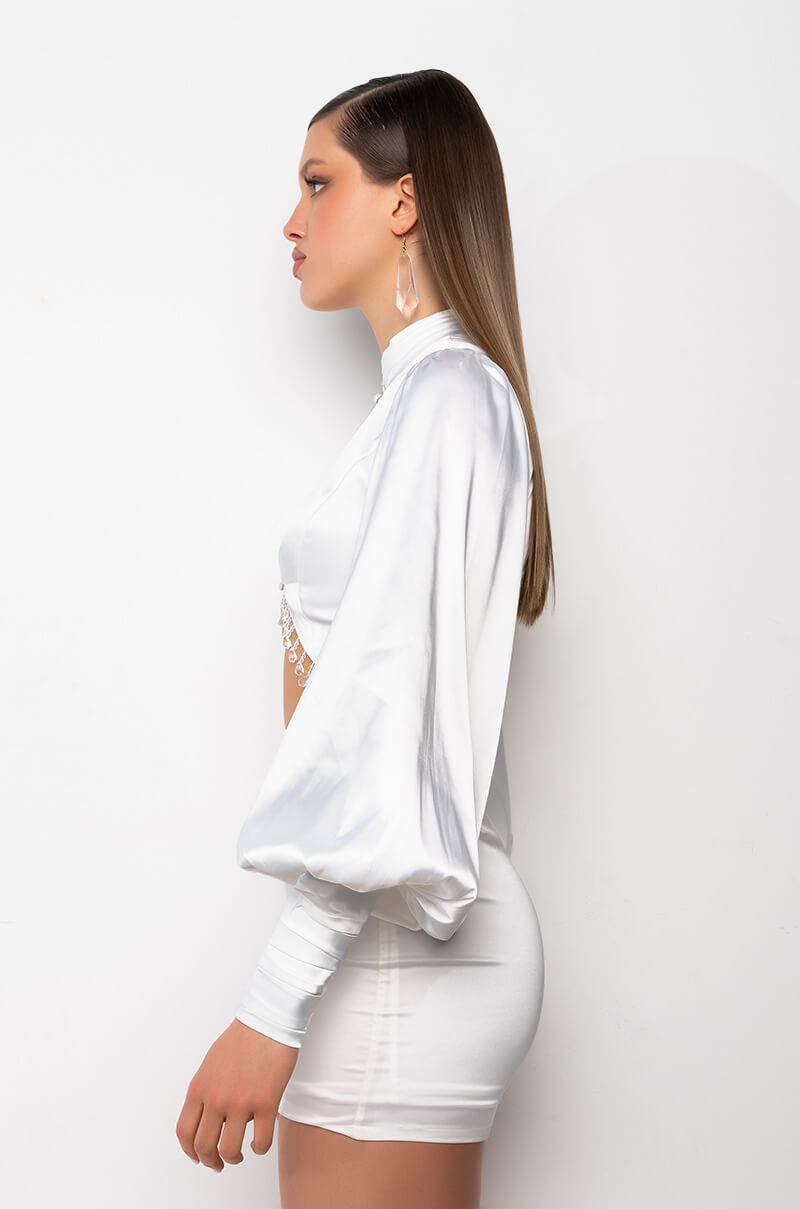 SNEAKY LINK BEADED SATIN CROP BLOUSE