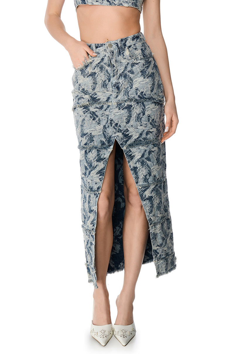 SOLEIL DISTRESSED DENIM MAXI SKIRT