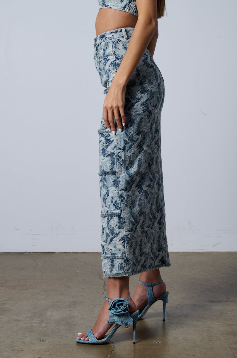 SOLEIL DISTRESSED DENIM MAXI SKIRT