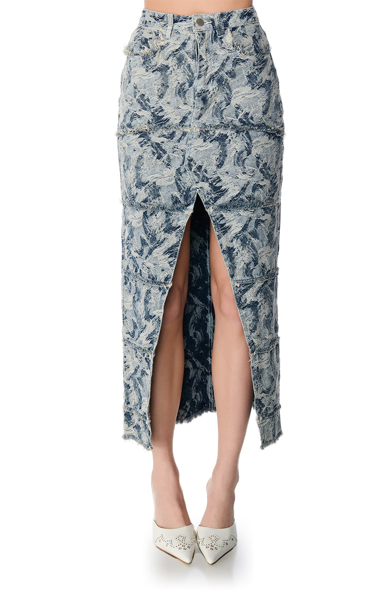 SOLEIL DISTRESSED DENIM MAXI SKIRT