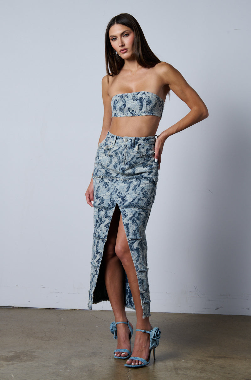 SOLEIL DISTRESSED DENIM MAXI SKIRT