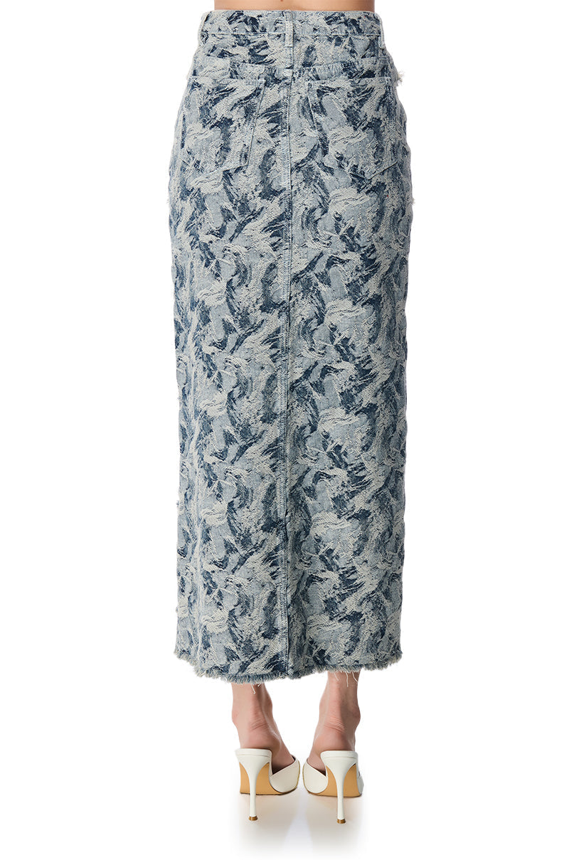 SOLEIL DISTRESSED DENIM MAXI SKIRT