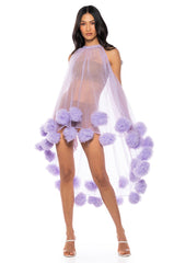 SONYA POM POM DETAIL HIGH LOW SHEER DRESS IN PURPLE