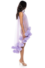 SONYA POM POM DETAIL HIGH LOW SHEER DRESS IN PURPLE