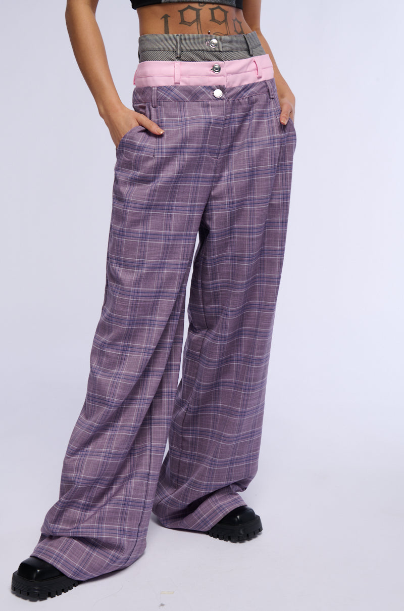 SPECIAL DAY PLAID AND PU WIDE LEG TROUSER