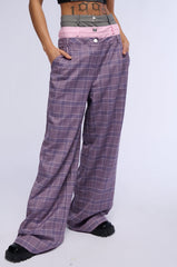 SPECIAL DAY PLAID AND PU WIDE LEG TROUSER