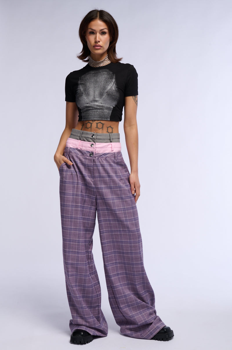 SPECIAL DAY PLAID AND PU WIDE LEG TROUSER