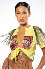 SPEED RACER TIE FRONT CREW NECK CROPPED TSHIRT