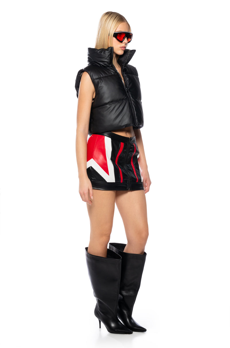 SPEED UP COLOR BLOCKED FAUX LEATHER SKIRT