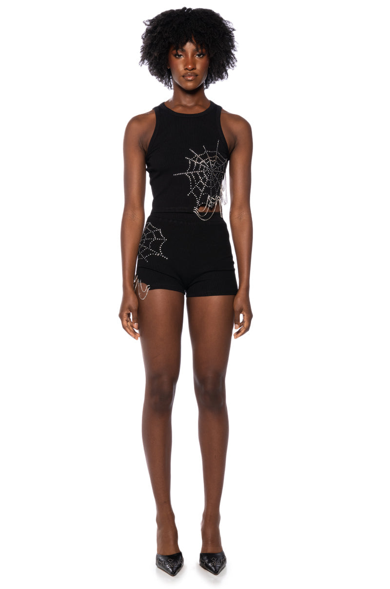 SPIDER WEBS EMBELLISHED BOOTY SHORT