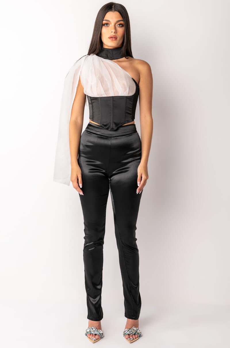 SPOTLIGHTS ONE SHOULDER SATIN CORSET BLOUSE