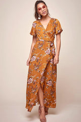 Cheri Floral Wrap Maxi Dress Mustard