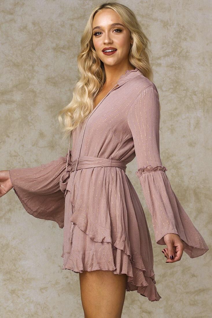 Dhillon Ruffled Waist Tie Mini Dress Mocha