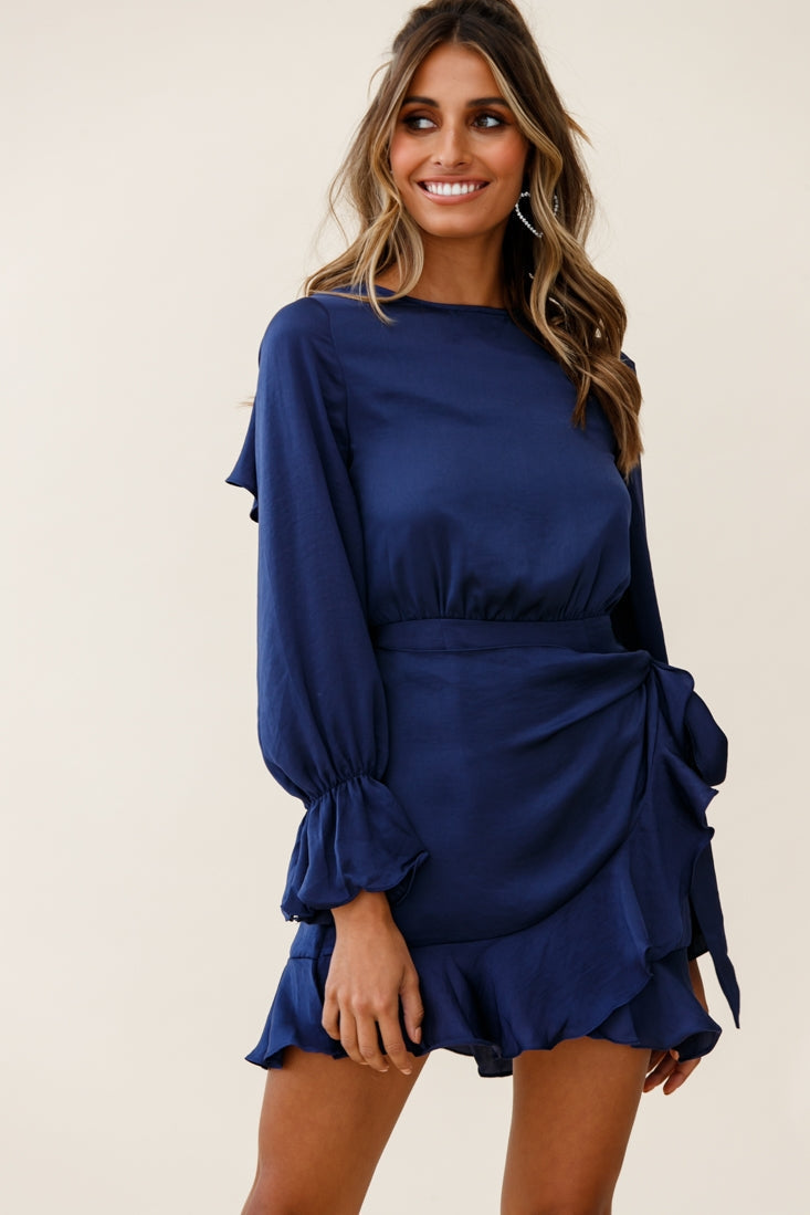Darla Long Sleeve Satin Dress Navy